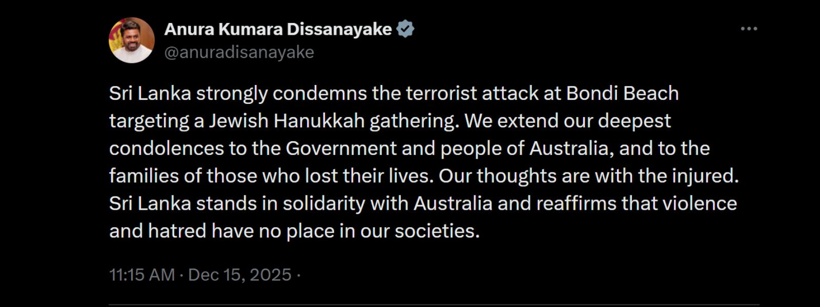 Sri Lanka Condemns Bondi Beach Terror Attack